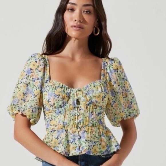 Astr Floral Puff Sleeve Blouse - Yellow and Blue - Picture 1 of 6
